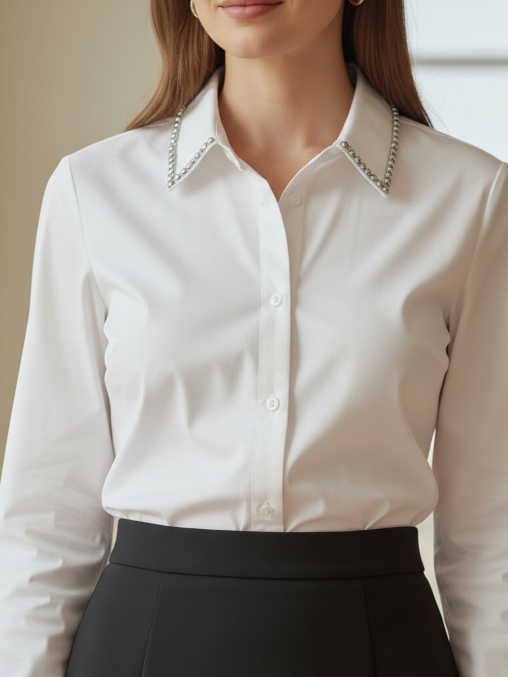 cinq a sept White Button-Down Shirt with Crystal-Trim Collar